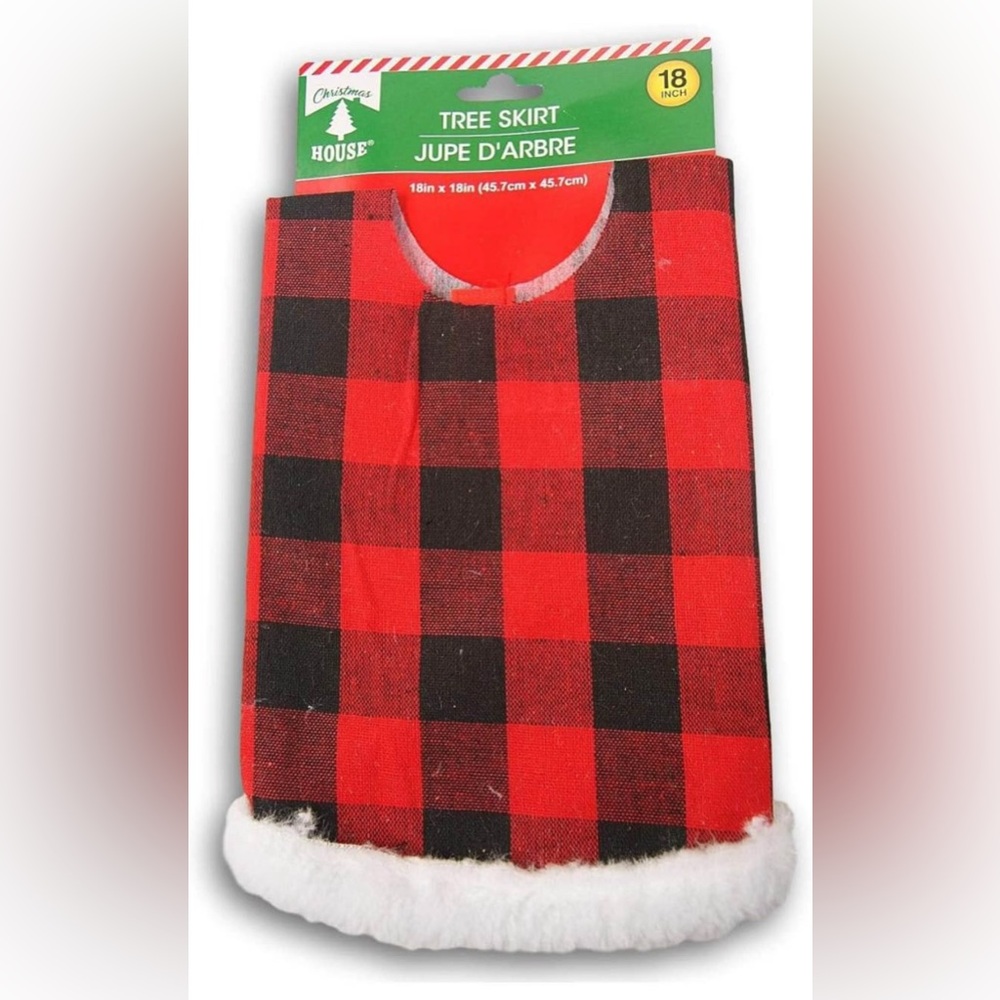 Mini Christmas Tree Skirt -Buffalo Plaid-Red & Black Check & Faux Fur Border 18”